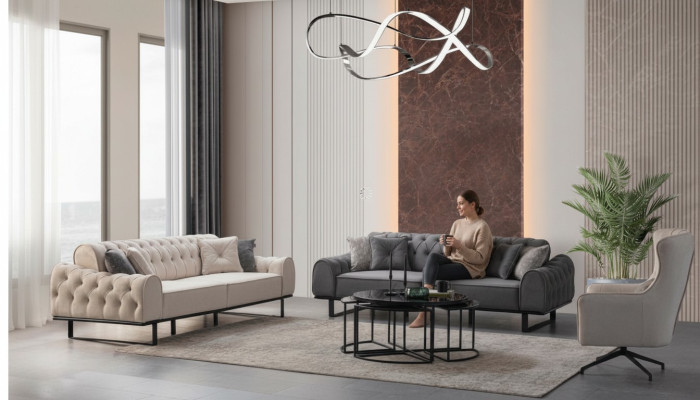 Blanco y gris Chesterfield juego de sofás de diseño, sillón tapizado de 3 piezas.