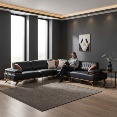 Sofá esquinero negro de diseñador en forma de L, sofá de lujo, mueble de asiento para sala de estar.