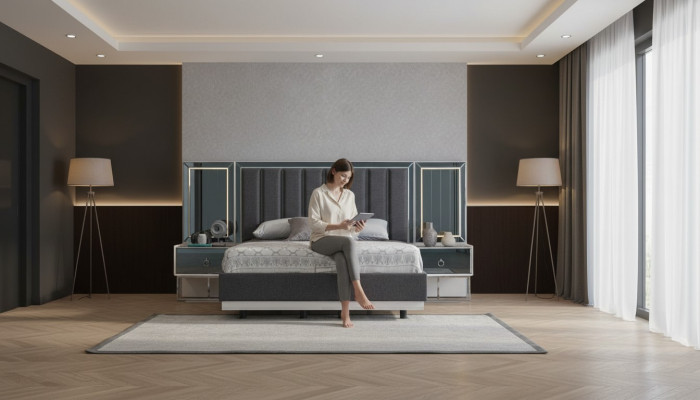 Set de dormitorio gris con cama de acero inoxidable y 2 mesitas de noche de madera, juego de 3 piezas.