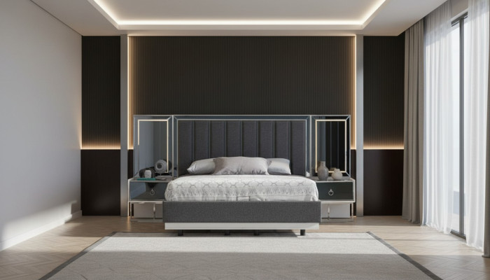 Set de dormitorio gris con cama de acero inoxidable y 2 mesitas de noche de madera, juego de 3 piezas.