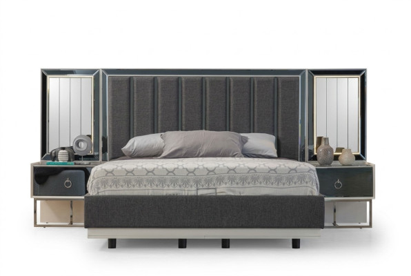 Set de dormitorio gris con cama de acero inoxidable y 2 mesitas de noche de madera, juego de 3 piezas.