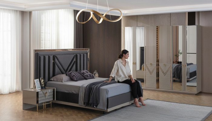 Muebles de dormitorio gris - cama doble, armario, mesitas de noche - set de 4 piezas.