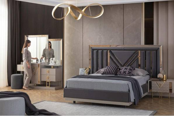 Conjunto completo de dormitorio Cama gris Tocador con espejo