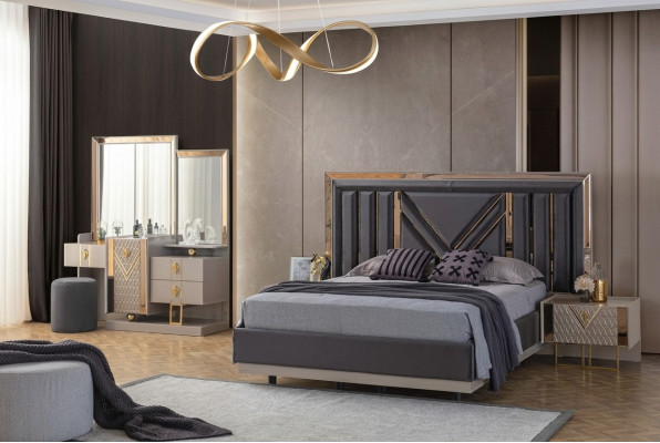 Conjunto completo de dormitorio Cama gris Tocador con espejo