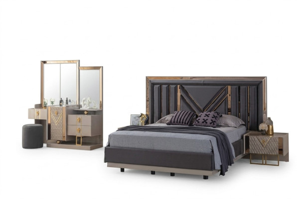Conjunto completo de dormitorio Cama gris Tocador con espejo