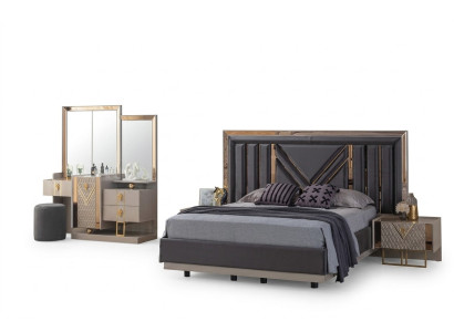 Conjunto completo de dormitorio Cama gris Tocador con espejo