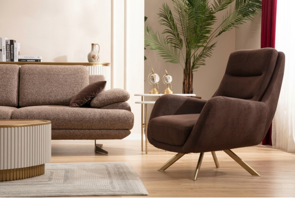 Sillón de terciopelo marrón Brazo moderno Sillón de salón Mueble textil