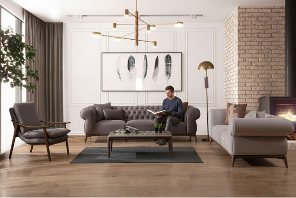 Sala de estar gris Conjunto de sofás de lujo de 4 plazas Diseñador de 3 plazas Silla noble