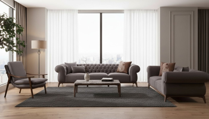 Sala de estar gris Conjunto de sofás de lujo de 4 plazas Diseñador de 3 plazas Silla noble