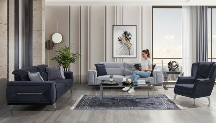 Sofás de sala de estar grises, sofás de diseñador, sofás de tres plazas de lujo y sillones individuales.
