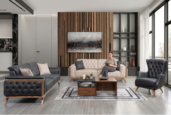 Elegante conjunto de sofás de sala de estar en negro y beige, 3+3+1 plazas, set de 3 piezas.