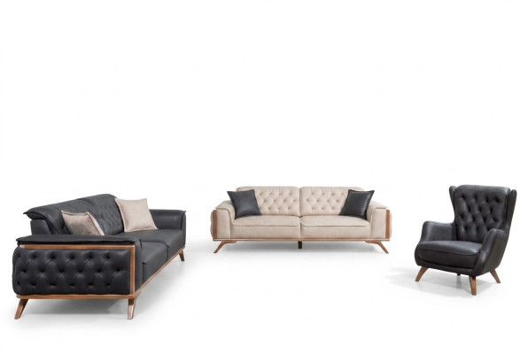 Elegante conjunto de sofás de sala de estar en negro y beige, 3+3+1 plazas, set de 3 piezas.