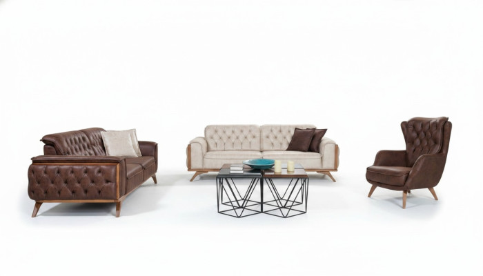 Sofá de cuero sintético Chesterfield de tres plazas con diseño moderno y sillón de diseñador, juego de 3 piezas.