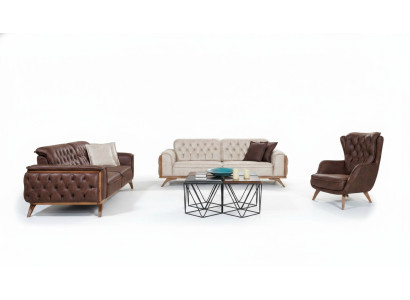 Sofá de cuero sintético Chesterfield de tres plazas con diseño moderno y sillón de diseñador, juego de 3 piezas.