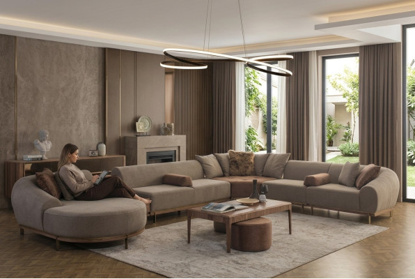 Sofá esquinero moderno en forma de U color beige paisaje de salón sofás de lujo para sala de estar.