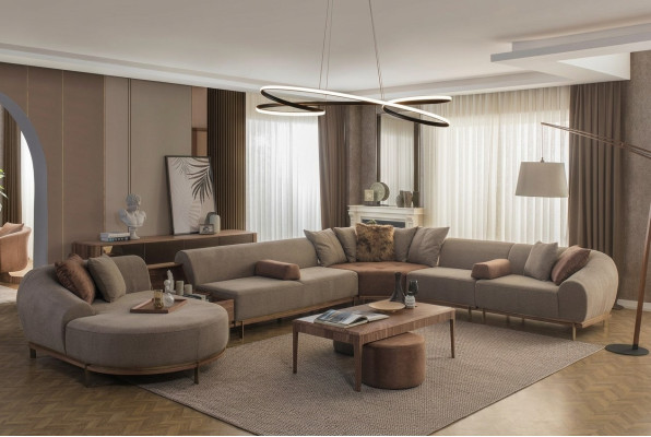 Sofá esquinero moderno en forma de U color beige paisaje de salón sofás de lujo para sala de estar.
