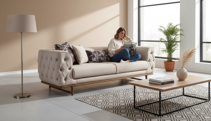 Sofás de tres plazas de lujo en color beige claro Chesterfield, elegantes y acolchados.