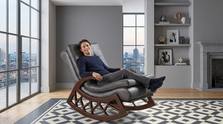 Silla mecedora gris exclusiva para sala de estar, muebles de relajación con estructura de madera, nueva.