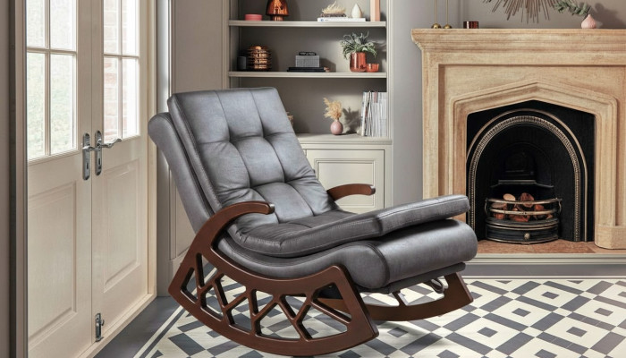 Silla mecedora gris exclusiva para sala de estar, muebles de relajación con estructura de madera, nueva.