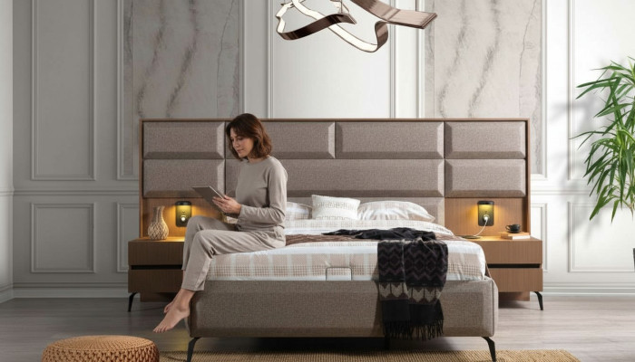 Dormitorio exclusivo gris conjunto de cama doble con 2 mesitas de noche de 3 piezas.