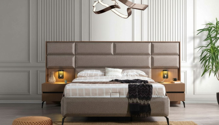 Dormitorio exclusivo gris conjunto de cama doble con 2 mesitas de noche de 3 piezas.