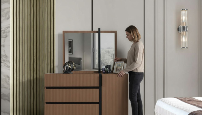 Moderno cómoda de dormitorio marrón con 3 cajones y 1 puerta de madera.