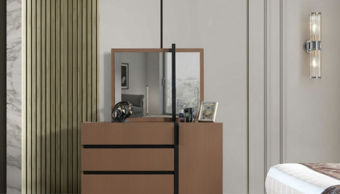Moderno cómoda de dormitorio marrón con 3 cajones y 1 puerta de madera.