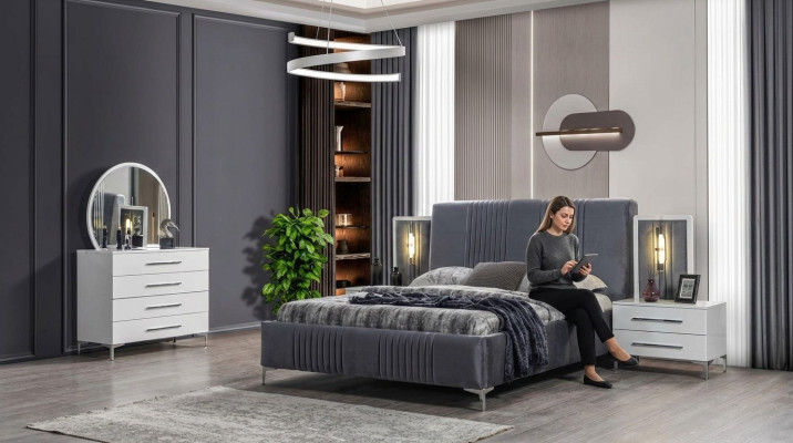 Elegante conjunto de dormitorio Cama doble gris Mesitas de noche de madera 5 piezas