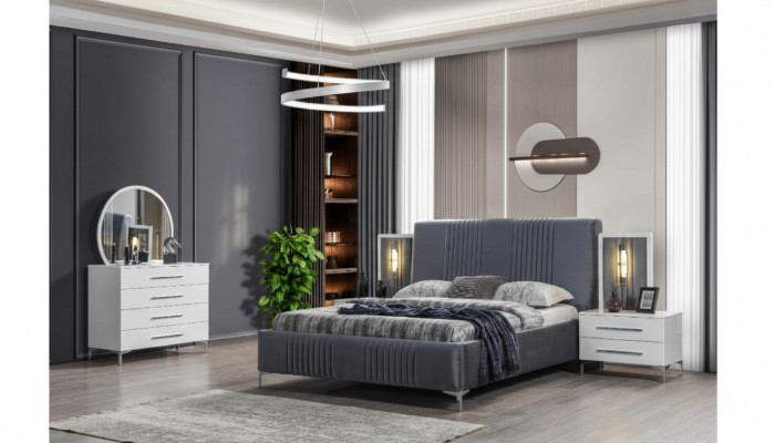 Elegante conjunto de dormitorio Cama doble gris Mesitas de noche de madera 5 piezas