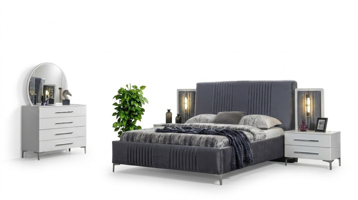 Elegante conjunto de dormitorio Cama doble gris Mesitas de noche de madera 5 piezas