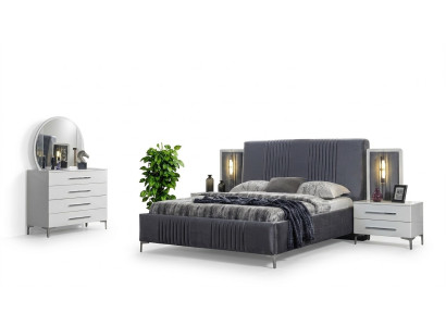 Elegante conjunto de dormitorio Cama doble gris Mesitas de noche de madera 5 piezas