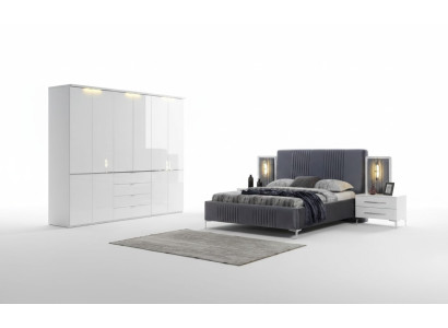 Muebles de dormitorio blanco y gris, cama textil, mesita de noche, armario de 4 piezas.