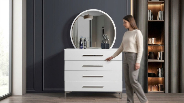 Cómoda de dormitorio blanca de cuatro puertas con diseño de espejo redondo de cristal de diseñador, juego de 2 piezas.