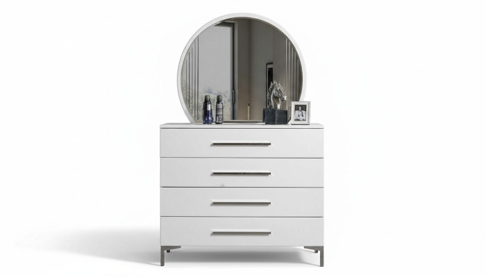 Cómoda de dormitorio blanca de cuatro puertas con diseño de espejo redondo de cristal de diseñador, juego de 2 piezas.