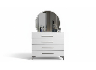 Cómoda de dormitorio blanca de cuatro puertas con diseño de espejo redondo de cristal de diseñador, juego de 2 piezas.