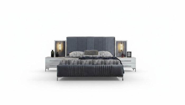 Conjunto de dormitorio moderno gris con cama doble y dos mesitas de noche de madera.