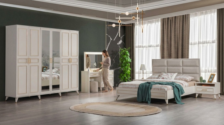 Dormitorio, cama de diseño doble de lujo, tocador de lujo, taburete noble (7 piezas)