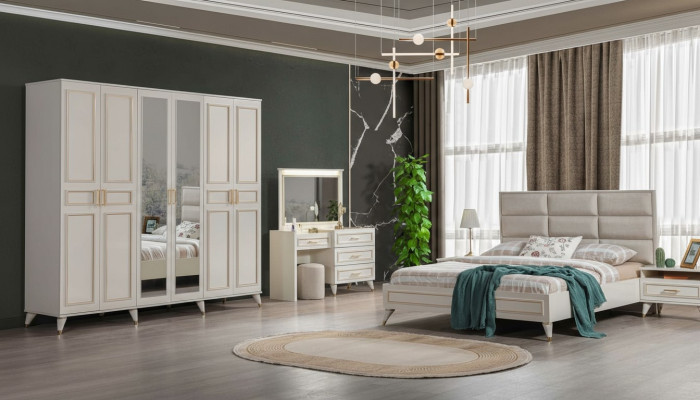 Dormitorio, cama de diseño doble de lujo, tocador de lujo, taburete noble (7 piezas)