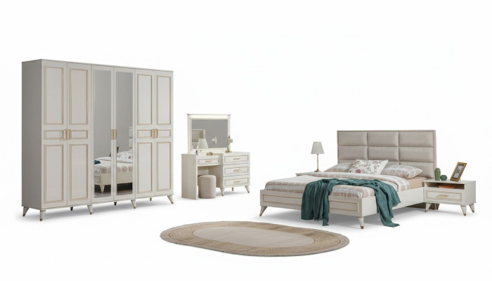 Dormitorio, cama de diseño doble de lujo, tocador de lujo, taburete noble (7 piezas)