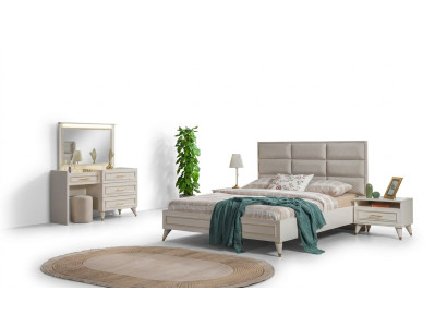 Gran conjunto de dormitorio con cama doble, tocador, taburete, espejo de 6 piezas.
