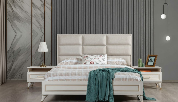 Blanco Juego de dormitorio tapizado Cama doble 2 mesitas de noche de madera de 3 piezas.