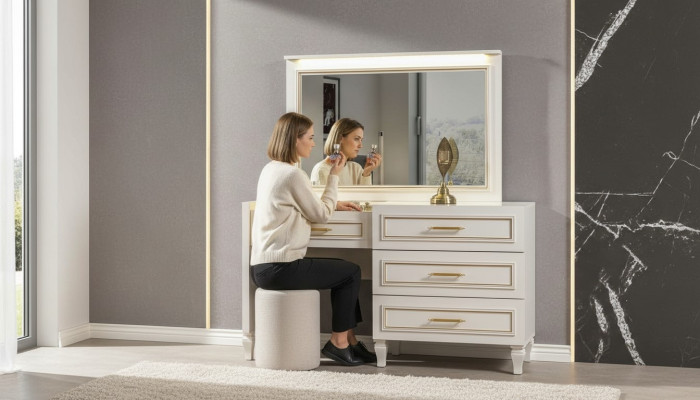 Muebles de dormitorio elegantes, tocador blanco con espejo y taburete acolchado de 3 piezas.