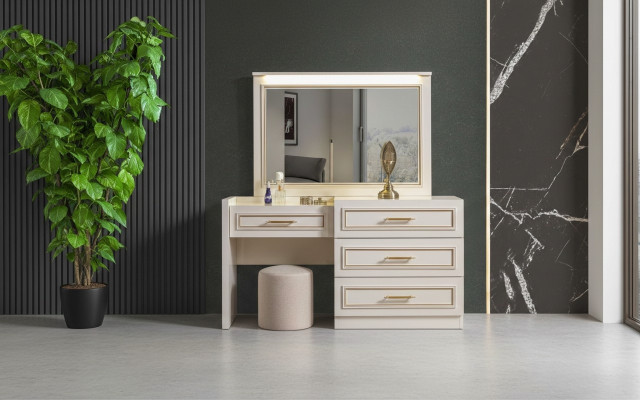 Muebles de dormitorio elegantes, tocador blanco con espejo y taburete acolchado de 3 piezas.
