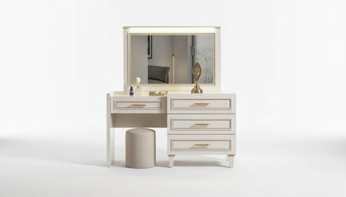 Muebles de dormitorio elegantes, tocador blanco con espejo y taburete acolchado de 3 piezas.