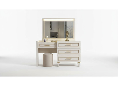 Muebles de dormitorio elegantes, tocador blanco con espejo y taburete acolchado de 3 piezas.