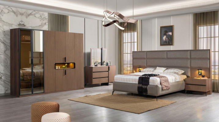 Muebles de madera para dormitorio en tonos marrones, cama de textiles, mesitas de noche, cómoda, armario.