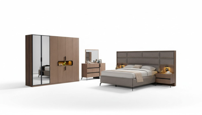 Muebles de madera para dormitorio en tonos marrones, cama de textiles, mesitas de noche, cómoda, armario.