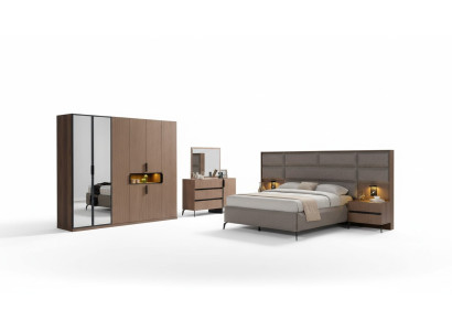 Muebles de madera para dormitorio en tonos marrones, cama de textiles, mesitas de noche, cómoda, armario.