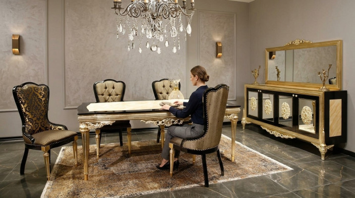 Conjunto de comedor, juego de mesa de comedor, set de mesa de comedor de lujo de 7 piezas, en marrón y madera noble.