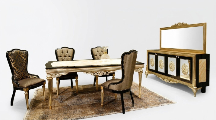 Conjunto de comedor, juego de mesa de comedor, set de mesa de comedor de lujo de 7 piezas, en marrón y madera noble.
